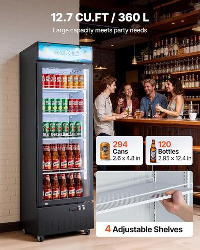 VEVOR Commercial Merchandiser Refrigerator, 12.7 Cu.Ft / 360 L Glass Door Display Refrigerator, Upright Beverage Cooler with Customizable Lightbox, 4 Adjustable Shelves & Soft LED Light for Home Shops in Kuwait