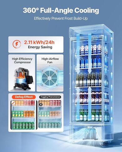 VEVOR Commercial Merchandiser Refrigerator, 12.7 Cu.Ft / 360 L Glass Door Display Refrigerator, Upright Beverage Cooler with Customizable Lightbox, 4 Adjustable Shelves & Soft LED Light for Home Shops in Kuwait