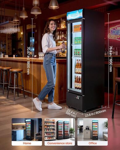VEVOR Commercial Merchandiser Refrigerator, 12.7 Cu.Ft / 360 L Glass Door Display Refrigerator, Upright Beverage Cooler with Customizable Lightbox, 4 Adjustable Shelves & Soft LED Light for Home Shops in Kuwait