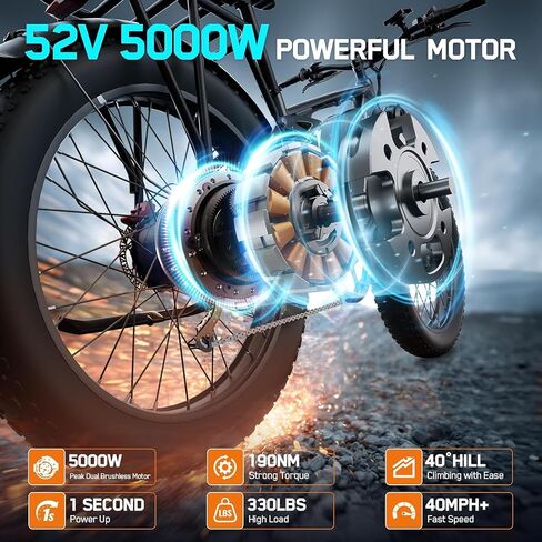 دراجة كهربائية 5000 واط للبالغين، 45 ميلاً في الساعة بمحرك مزدوج Ebike 52V 23AH 1196WH E Bike 100 ميل طويل المدى للدراجة تعليق كامل 26 بوصة إطار سميك للطرق الوعرة للرجال ثنائي قرص الفرامل الهيدروليكي Ebike in Kuwait