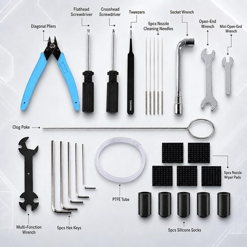 مجموعة أدوات الطابعة ثلاثية الأبعاد لـ Creality K2/K2 Pro/K2 Plus/Combo، مجموعة الصيانة | طقم تنظيف مع ممسحة فوهة، وجورب سيليكون، وكزة انسداد، وأنبوب PTFE، ومفتاح ألين، وملقط، وأدوات قطع وإصلاح in Kuwait