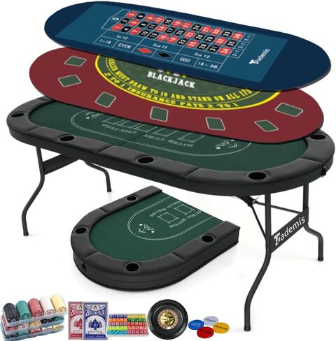 8 Player Foldable Poker Table Top 4-in-1 Casino Game Set for Texas Hold'em, Blackjack, Hi-Lo Dice & Roulette, Portable Folding Table Mat with Cup Holders & Full Props for Home Party, Game Night in Kuwait