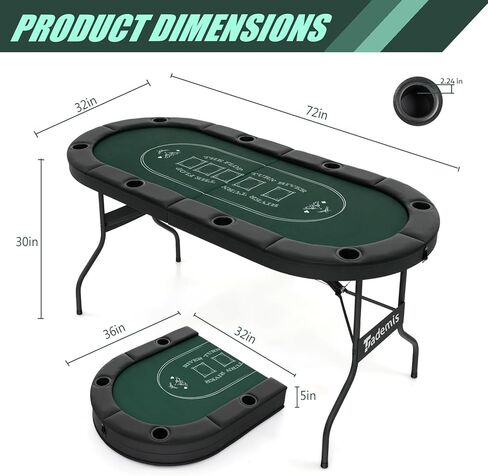 8 Player Foldable Poker Table Top 4-in-1 Casino Game Set for Texas Hold'em, Blackjack, Hi-Lo Dice & Roulette, Portable Folding Table Mat with Cup Holders & Full Props for Home Party, Game Night in Kuwait