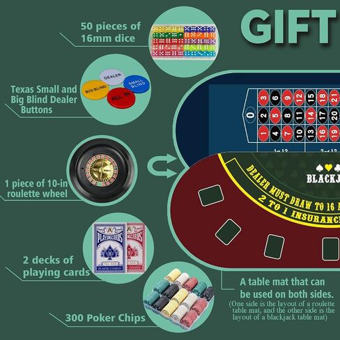 8 Player Foldable Poker Table Top 4-in-1 Casino Game Set for Texas Hold'em, Blackjack, Hi-Lo Dice & Roulette, Portable Folding Table Mat with Cup Holders & Full Props for Home Party, Game Night in Kuwait