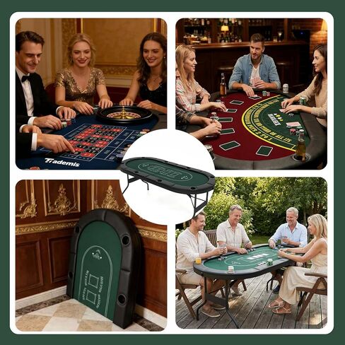 8 Player Foldable Poker Table Top 4-in-1 Casino Game Set for Texas Hold'em, Blackjack, Hi-Lo Dice & Roulette, Portable Folding Table Mat with Cup Holders & Full Props for Home Party, Game Night in Kuwait