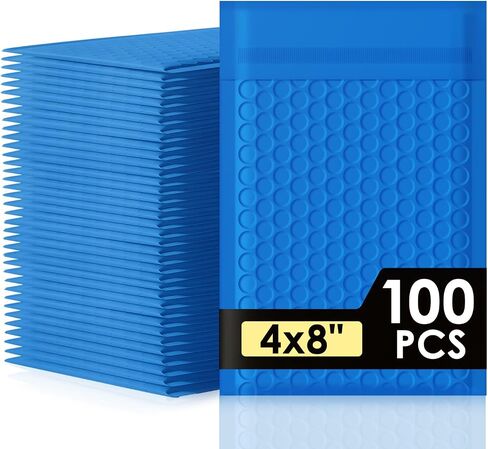 Packbabol Bubble Mailers 4x8 "100 حزمة مغلفات زرقاء مبطنة مقاومة للماء حجم قابل للاستخدام 4x7 مغلفات بريدية مبطنة ذاتية الختم فقاعة بريدية مبطنة غير شفافة للشركات الصغيرة، مغلفات بريدية #000 in Kuwait