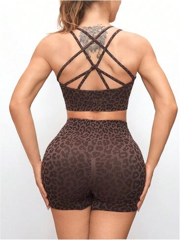 MakeMeChic Women's 2 Piece Tracksuit Cheetah Print Criss Cross Crew Neck Crop Top and Mini Shorts Workout Sets Coffee Brown Large in Kuwait