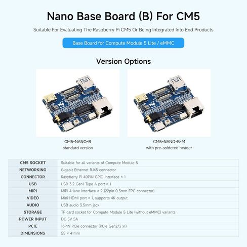 Waveshare CM5-NANO-B Mini Expansion Board,with pre-soldered Headers | Compatible with Raspberry Pi Compute Module 5,Same Size As The CM5,4K HDMI,USB 3.2,Gigabit, dual MIPI interfaces in Kuwait