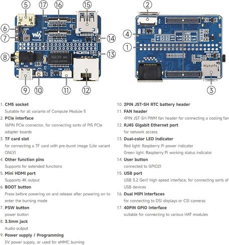 Waveshare CM5-NANO-B Mini Expansion Board,with pre-soldered Headers | Compatible with Raspberry Pi Compute Module 5,Same Size As The CM5,4K HDMI,USB 3.2,Gigabit, dual MIPI interfaces in Kuwait