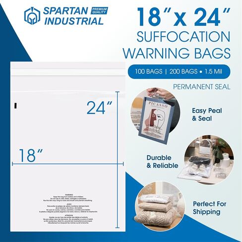 Spartan Industrial - 18" X 24" (100 Count) Self Seal Clear Poly Bags with Suffocation Warning for Packaging, T Shirts - Permanent Adhesive in Kuwait
