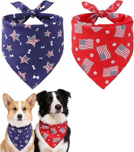Tinsow 2 PCS الكلب القابل للغسل Bandanas المرايل الأمريكية العلم الأمريكي مربع جرو kerchief الاستقلال يوم جرو طوق القط الأليفة (الأزرق والأحمر-ب) in Kuwait