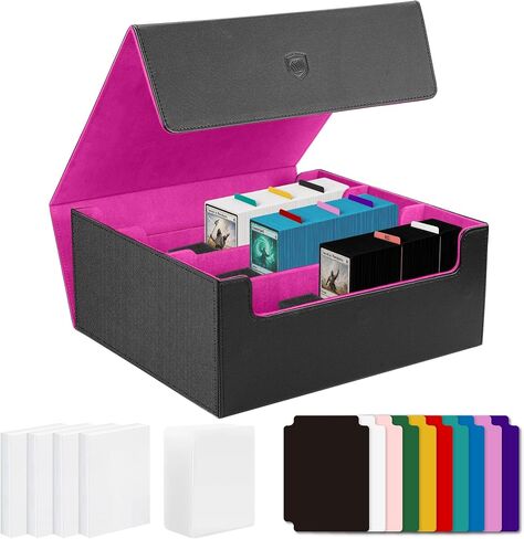 Pemocyny Card Storage Box with 200 Toploaders and 600 Card Sleeves, Holds 1800 Sleeved Cards, Magnetic Closure Trading Card Storage Box with 10 Dividers ＆ 6 Stoppers for Sport Cards, TCG in Kuwait