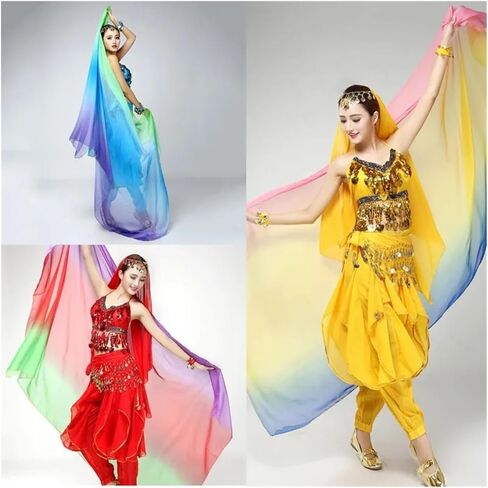 وشاح رقص شرقي حريري للنساء 6 ألوان حجاب رقص شرقي 220 سم * 120 سم وشاح رقص يشبه الحرير شال للسيدات لمسابقات الأداء (اللون-E) in Kuwait