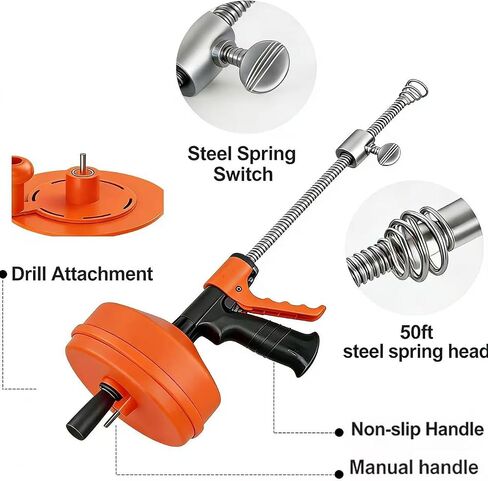 50 FT Double Mode Drain Snake Tools, 14-in-1 Drain Auger for Sink and Drain Unblocking, Plumbing Snake for Kitchen, Bathrom and Shower Sink, Snake for Real DYIs【2026 Upgraded】 in Kuwait
