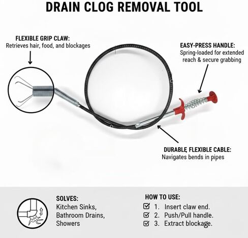 Gadgetime USA 35-Inch Drain Snake & Pickup Tool, 4-Claw Grabber for Cleaning, Gutter Cleaning Tool, Retrieving, Removing Objects from Debris, Toilet, Shower, Tub & Outdoor Drains in Kuwait