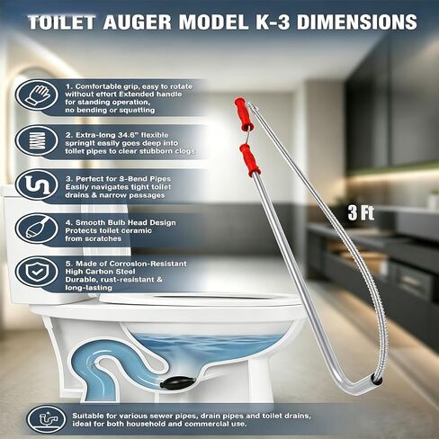 𝐔𝐩𝐠𝐫𝐚𝐝𝐞 59787 موديل K-3 مثقاب المرحاض، أداة إزالة أنابيب تصريف ثعبان المرحاض، يمكن مسح رؤوس الثعبان والمصباح بطول 3 أقدام، مثقاب المرحاض لإزالة انسداد المراحيض، مثقاب المرحاض ضمان لمدة 5 سنوات in Kuwait