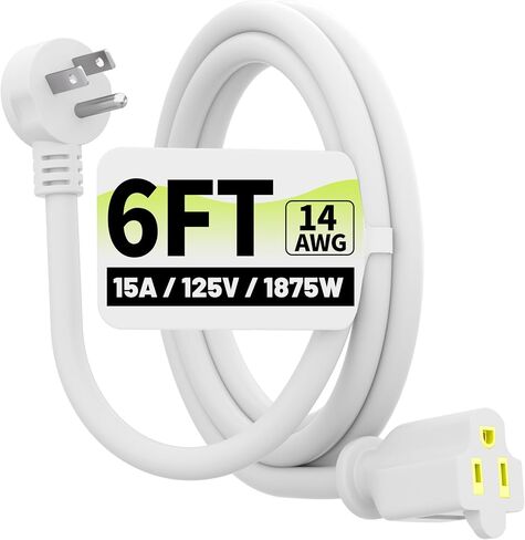 Vockjour 6 FT White Low Profile Flat Plug 14 Gauge Heavy Duty Extension Cord, 14AWG 3-Wire Grounded Appliance Extension Cord, 15A/125V/1875W SJTW ETL Listed Power Cord in Kuwait
