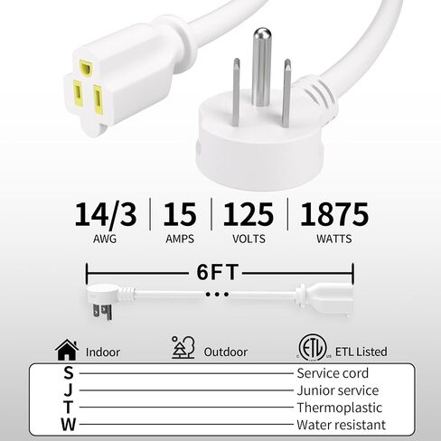 Vockjour 6 FT White Low Profile Flat Plug 14 Gauge Heavy Duty Extension Cord, 14AWG 3-Wire Grounded Appliance Extension Cord, 15A/125V/1875W SJTW ETL Listed Power Cord in Kuwait