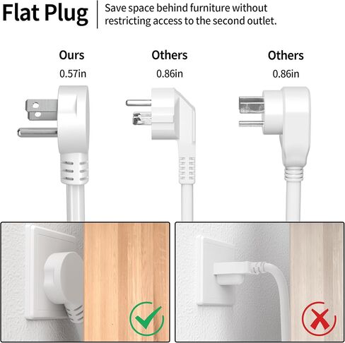 Vockjour 6 FT White Low Profile Flat Plug 14 Gauge Heavy Duty Extension Cord, 14AWG 3-Wire Grounded Appliance Extension Cord, 15A/125V/1875W SJTW ETL Listed Power Cord in Kuwait