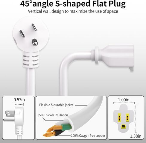 Vockjour 6 FT White Low Profile Flat Plug 14 Gauge Heavy Duty Extension Cord, 14AWG 3-Wire Grounded Appliance Extension Cord, 15A/125V/1875W SJTW ETL Listed Power Cord in Kuwait