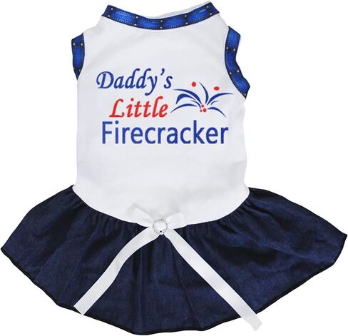 فستان Petitebella Daddy's Little Firecracker Puppy Dog (أبيض/أزرق، X-Small) in Kuwait