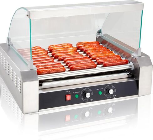 SYBO Commercial Hot Dog Roller – 30 Hot Dogs, 11 Non-Stick Rollers, 1430W, Stainless Steel, Removable Drip Tray & Glass Cover – Dual Temp Control, 360° Rotation for Party & Snack Bar, ETL Certified in Kuwait
