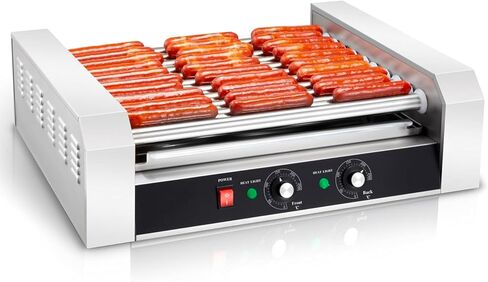 SYBO Commercial Hot Dog Roller – 30 Hot Dogs, 11 Non-Stick Rollers, 1430W, Stainless Steel, Removable Drip Tray & Glass Cover – Dual Temp Control, 360° Rotation for Party & Snack Bar, ETL Certified in Kuwait