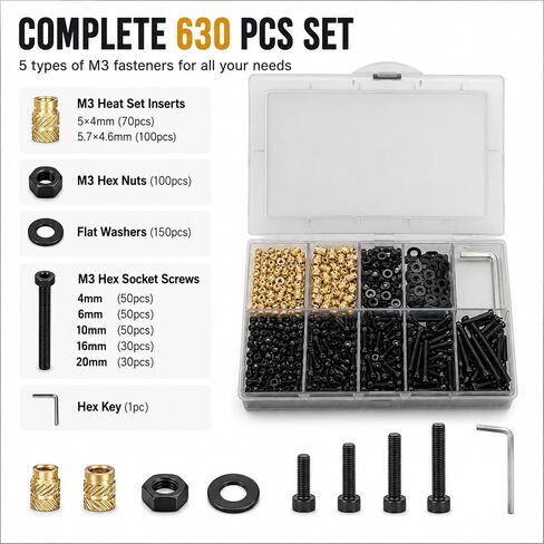 580pcs M3 insert insert kit - إدراج مجموعة حرارة ، صواميل سداسية ، غسالات ، مسامير غطاء رأس المقبس - مثبتات M3 للطباعة ثلاثية الأبعاد ، متوافقة مع PLA/ABS ، منظمة في صندوق بلاستيكي in Kuwait