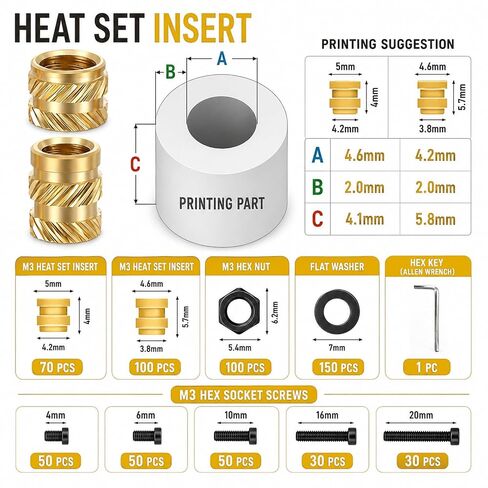 580pcs M3 insert insert kit - إدراج مجموعة حرارة ، صواميل سداسية ، غسالات ، مسامير غطاء رأس المقبس - مثبتات M3 للطباعة ثلاثية الأبعاد ، متوافقة مع PLA/ABS ، منظمة في صندوق بلاستيكي in Kuwait