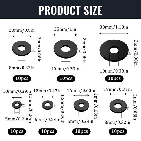 70Pcs Black Rubber Washers Assortment Kit, 7 Sizes Flat Round Washers (10-30mm), Vibration Absorbing Sealing Gasket Set for Faucets, Garden Hose, Bolts, Screws, Plumbing, Universal Shower Head in Kuwait
