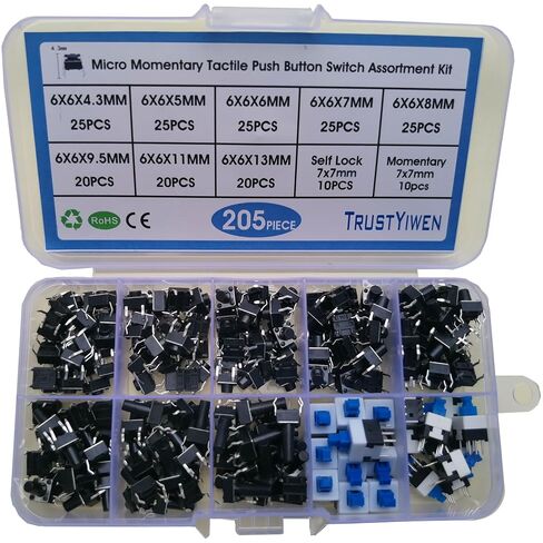 Micro Momentary Tactile Push Button Switch Assortment Kit 10 Values 205pcs 4 Pins 6x6mm Tact Switches in Kuwait