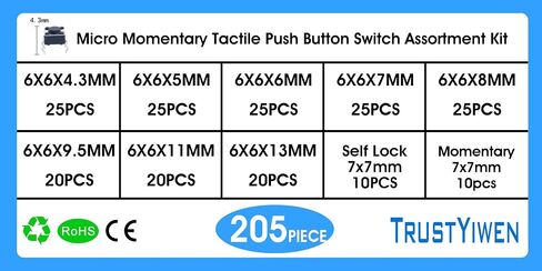 Micro Momentary Tactile Push Button Switch Assortment Kit 10 Values 205pcs 4 Pins 6x6mm Tact Switches in Kuwait