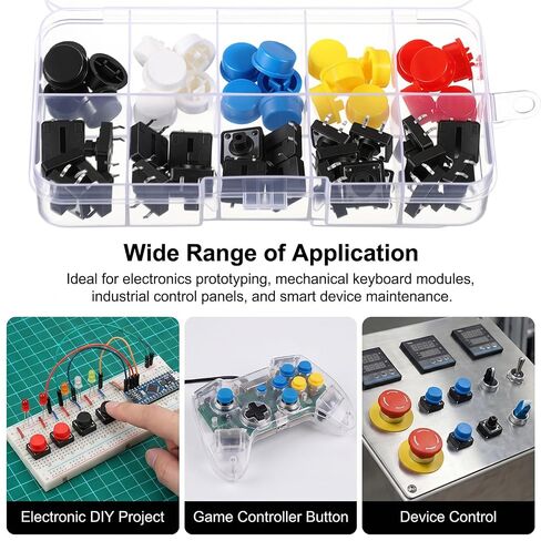 مجموعة مفاتيح الضغط على زر اللمس 50 قطعة | 4 دبوس SMD PCB اللباقة التبديل مع 5 قبعات زر اللون (5 قطع لكل منهما) 12x12x10.5 ملم أزرار دفع اللمس للإلكترونيات in Kuwait