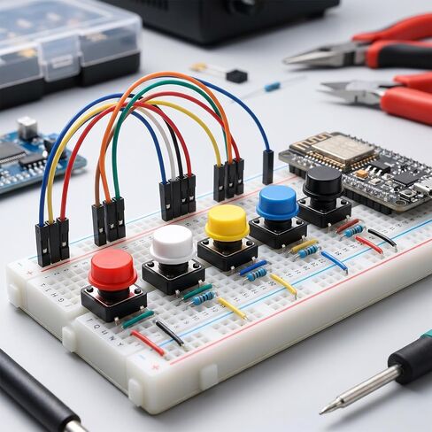 مجموعة مفاتيح الضغط على زر اللمس 50 قطعة | 4 دبوس SMD PCB اللباقة التبديل مع 5 قبعات زر اللون (5 قطع لكل منهما) 12x12x10.5 ملم أزرار دفع اللمس للإلكترونيات in Kuwait