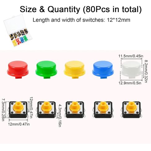 80 قطعة من مفاتيح اللباقة SMD PCB المؤقتة، مجموعة مفاتيح ضغط اللمس 12x12x7.3 مم، زر ضغط اللمس 4 دبوس مع 5 أغطية أزرار ملونة (8 قطع لكل واحدة) لمشاريع الإلكترونيات DIY، نماذج PCB الأولية in Kuwait