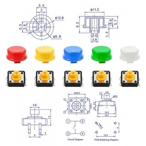 80 قطعة من مفاتيح اللباقة SMD PCB المؤقتة، مجموعة مفاتيح ضغط اللمس 12x12x7.3 مم، زر ضغط اللمس 4 دبوس مع 5 أغطية أزرار ملونة (8 قطع لكل واحدة) لمشاريع الإلكترونيات DIY، نماذج PCB الأولية in Kuwait