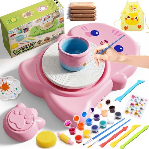 Skirfy Mini Pottery Wheel Kit for Beginners Kids,Electric Ceramic Wheel with Foot Pedal&Painting Kit, Adjustable Speed,Clay Spinner DIY Tools for Art Craft Birthday (Green Dinosaur) in Kuwait