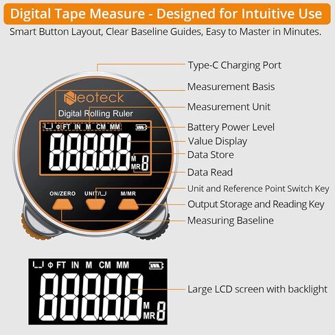 Neoteck Digital Tape Measure 656Ft, Rechargeable Electronic Rolling Ruler with LCD Display,Measures Curve,Diameter&Flat Surface,Portable Rolling Wheel Tape Measurefor DIY,Woodworking,Home Renovation in Kuwait