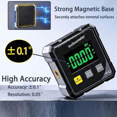 Digital Angle Finder Inclinometer, 4×90° High Accuracy, Large LED Display, 4-Side Magnetic Base, USB Rechargeable Protractor Tool for Woodworking, Metalworking, Construction & DIY in Kuwait