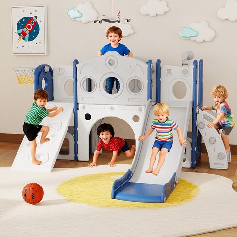 9 in 1 Toddler Slide Set Playground Indoor & Outdoor Fun for Kids & Babies Aged 1-3, Featuring Climbing Board, Basketball Hoop, Telescope, Storage Space and Non-Slip Steps, Blue & White in Saudi Arabia