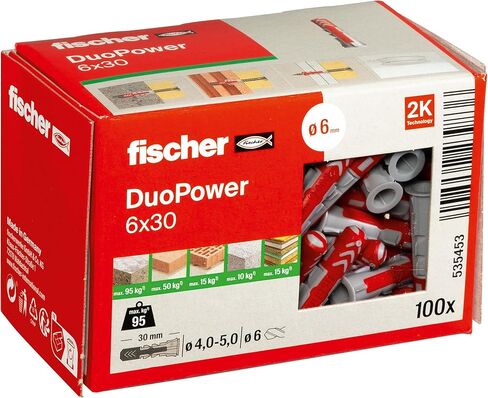 Fischer DuoPower 6 x 30، قابس عالمي قوي مزود بتقنية ذكية مكونة من مكونين للتثبيت في الخرسانة والطوب وألواح الجبس والألواح الخشبية وما إلى ذلك، 100 قابس بدون براغي in Kuwait