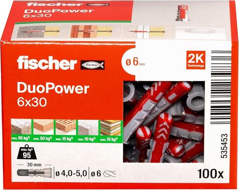 Fischer DuoPower 6 x 30، قابس عالمي قوي مزود بتقنية ذكية مكونة من مكونين للتثبيت في الخرسانة والطوب وألواح الجبس والألواح الخشبية وما إلى ذلك، 100 قابس بدون براغي in Kuwait