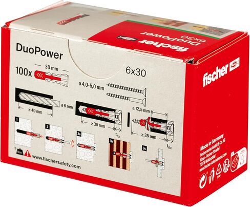 Fischer DuoPower 6 x 30، قابس عالمي قوي مزود بتقنية ذكية مكونة من مكونين للتثبيت في الخرسانة والطوب وألواح الجبس والألواح الخشبية وما إلى ذلك، 100 قابس بدون براغي in Kuwait