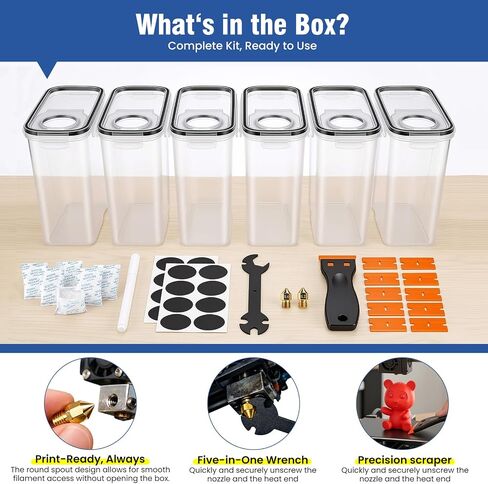 6 Pack 4L Filament Storage Box Hygrometer Airtight Dry Box for 3D Printer Filament Sealing, Complete Kit: 11 Pcs Spatula/Blades, 2 MK8 Nozzles, Wrench, Pen, Stickers & Reusable Desiccant in Kuwait