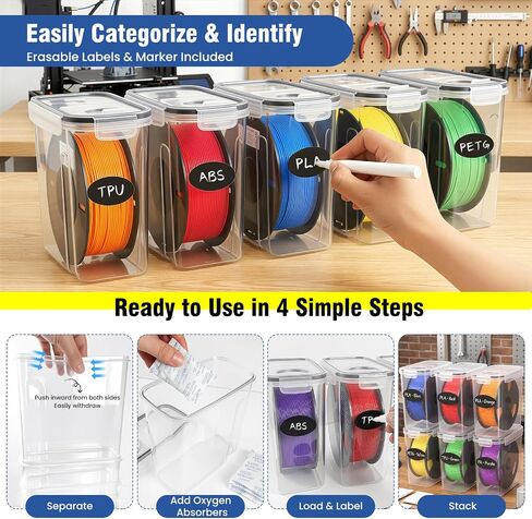 6 Pack 4L Filament Storage Box Hygrometer Airtight Dry Box for 3D Printer Filament Sealing, Complete Kit: 11 Pcs Spatula/Blades, 2 MK8 Nozzles, Wrench, Pen, Stickers & Reusable Desiccant in Kuwait