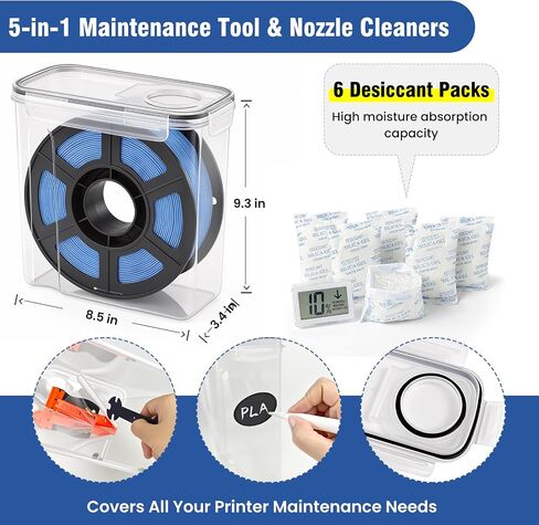 6 Pack 4L Filament Storage Box Hygrometer Airtight Dry Box for 3D Printer Filament Sealing, Complete Kit: 11 Pcs Spatula/Blades, 2 MK8 Nozzles, Wrench, Pen, Stickers & Reusable Desiccant in Kuwait