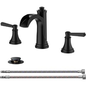 FORIOUS Oil Rubbed Bronze Bathroom Faucet 3 Hole or 8 Inch Widespread Tap, 2 Handle Brass Waterfall Faucet for Bathroom Sink 3 Hole with Mteal Pop-up Drain and CUPC Supply Line, for 6-12" ORB Vanity in Kuwait