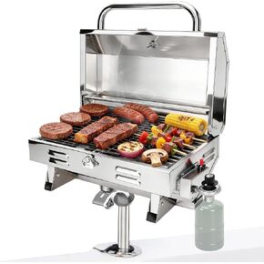 Boat Grill with Rod Holder Mount, Large Cooking Area for 4-5 People, Thickened 304 Stainless Steel, 3-Min Setup, Fast and Even Heating, Easy to Clean, Portable for Marine & Land Use, 1 Year Warrnaty in Kuwait