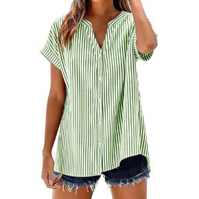 2026 Beach Shirts for Women V Neck Button Short Sleeve Striped Fashion Blouses Linen Boho T Shirt Summer in Kuwait