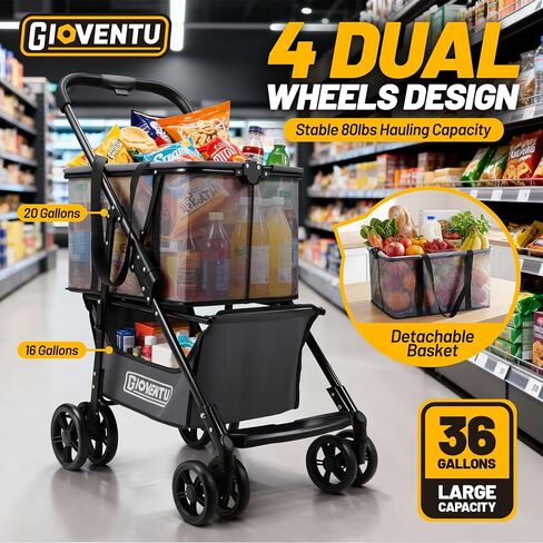 𝟐𝟎𝟐𝟓 𝐔𝐩𝐠𝐫𝐚𝐝𝐞𝐝 Folding Shopping Cart with Wheels, 80lbs Multi Use Grocery Carts with 360° Wheels & Removable Tote Bag, Multifunctional Portable Personal Shopping Carts for Groceries, Black in Saudi Arabia